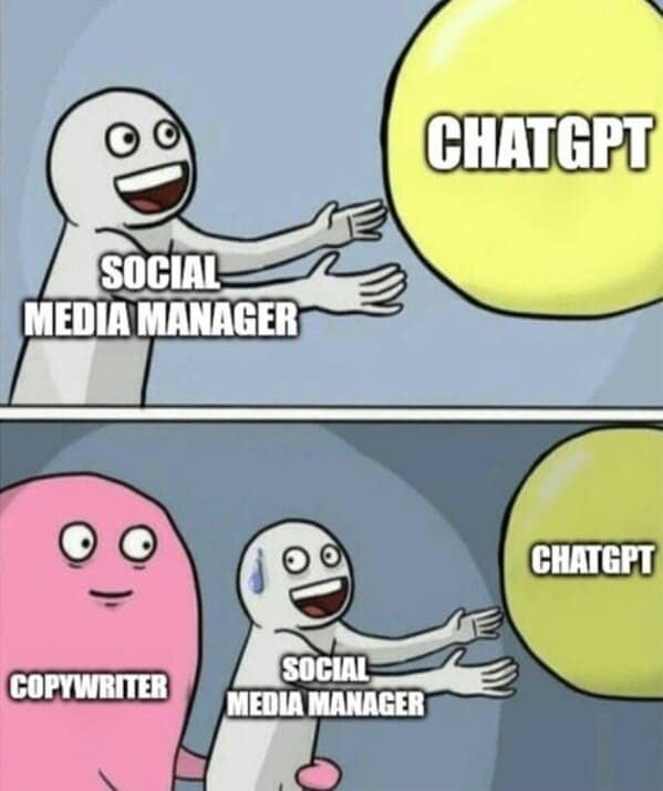 Social media manager meme choosing ChatGPT over a copywriter