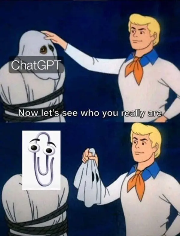 Classic ChatGPT meme where the mask comes off and reveals the Clippy paperclip assistant