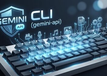 Glowing mechanical keyboard connected to multimodal AI media icons and Gemini API CLI logo
