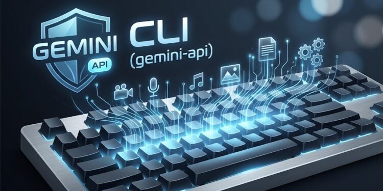 Glowing mechanical keyboard connected to multimodal AI media icons and Gemini API CLI logo