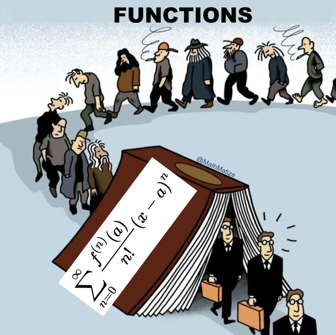 Functions queue under a giant book carrying the Taylor series formula and exit as neat polynomials