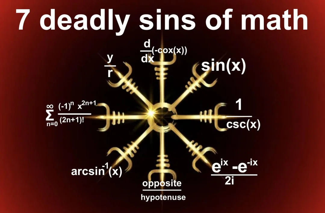7 deadly sins of math meme showing eight ways to write sin(x)