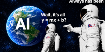 Linear algebra meme with astronauts saying AI is all y = mx + b