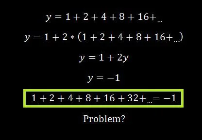 Algebra meme with an infinite series that wrongly seems to prove 1 + 2 + 4 + 8 + 16 equals -1