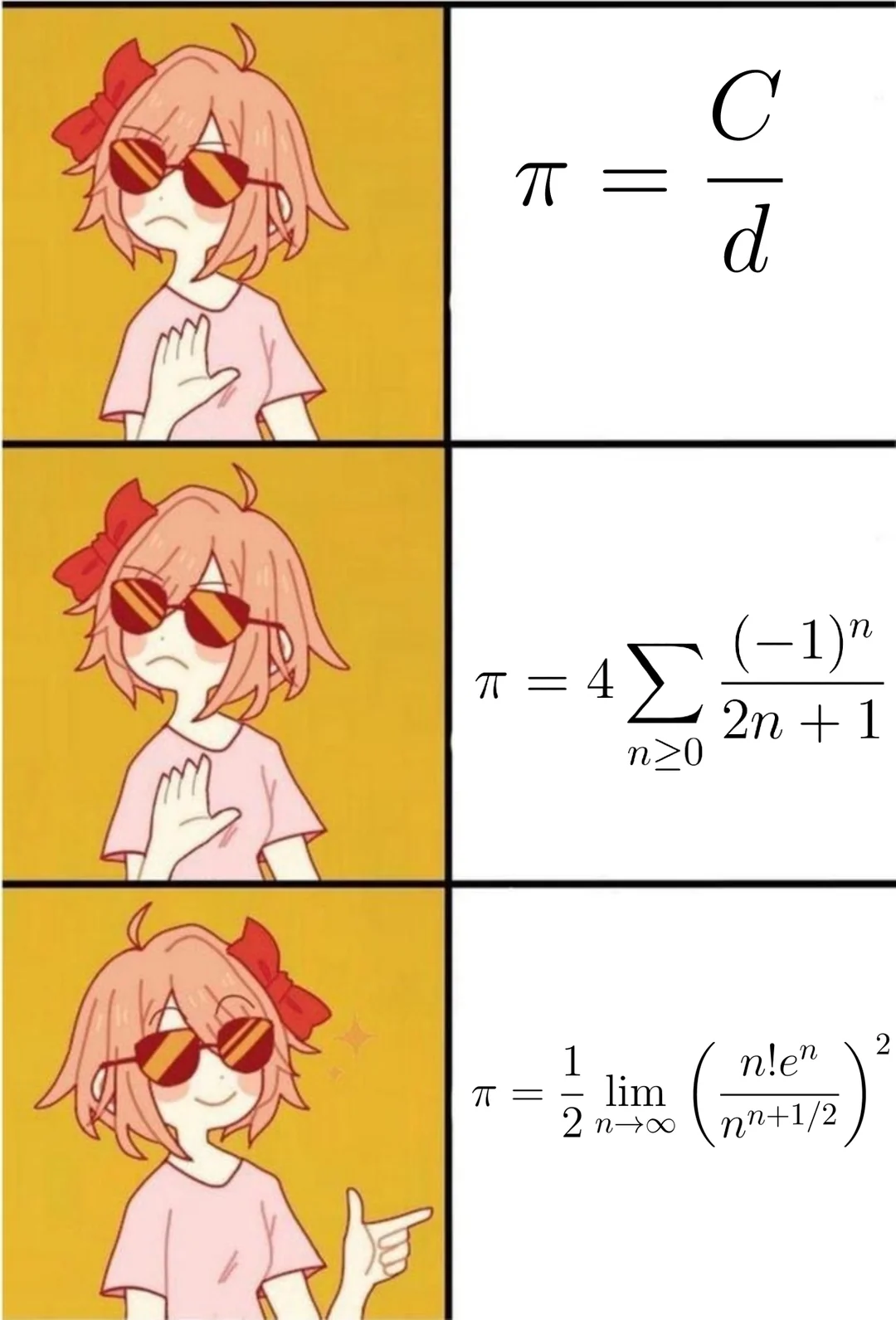 Pi memes anime character rejecting simple pi formula and approving a complex limit formula