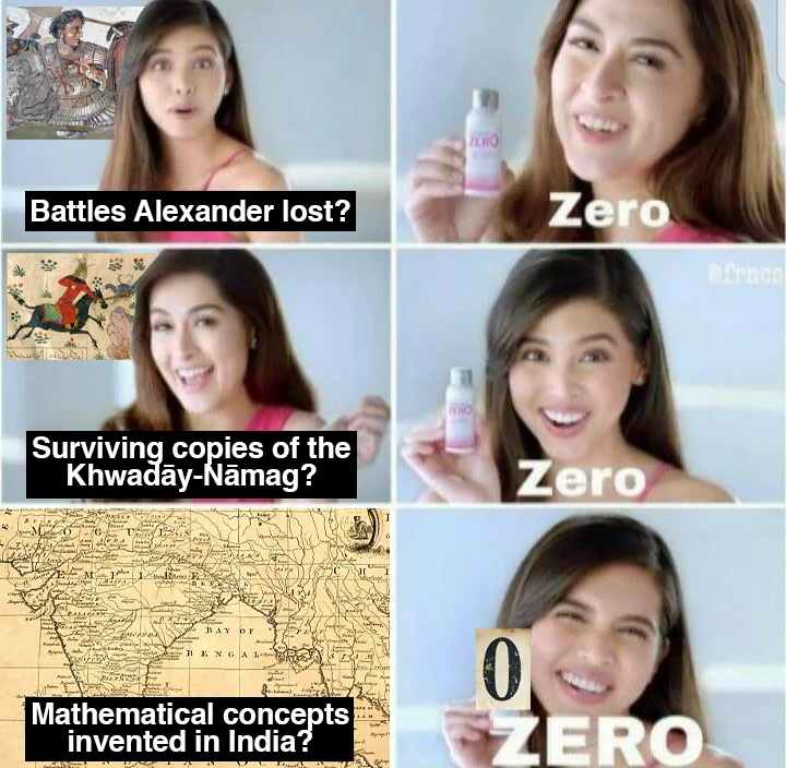 Zero memes: Zero ad meme asking which mathematical concepts were invented in India, answer zero