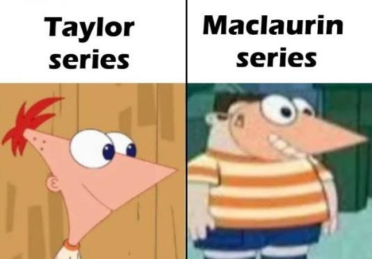 Taylor series vs Maclaurin series cartoon meme with a sleek character and a lumpy lookalike