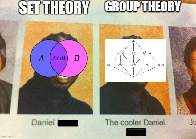Abstract algebra meme comparing set theory Venn diagram with a group theory D4 diagram