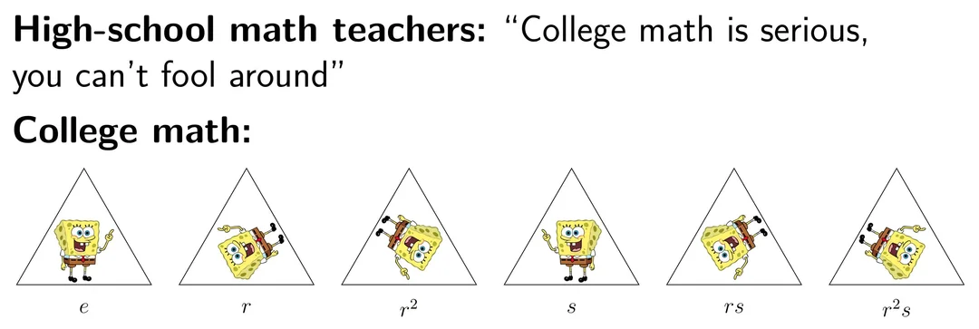 Abstract algebra meme with SpongeBob rotated and flipped inside triangles to show group symmetries
