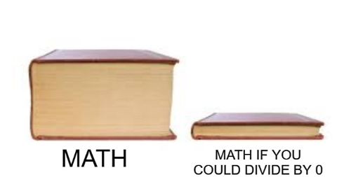 Zero memes: thick math book next to a thin book labeled math if you could divide by 0