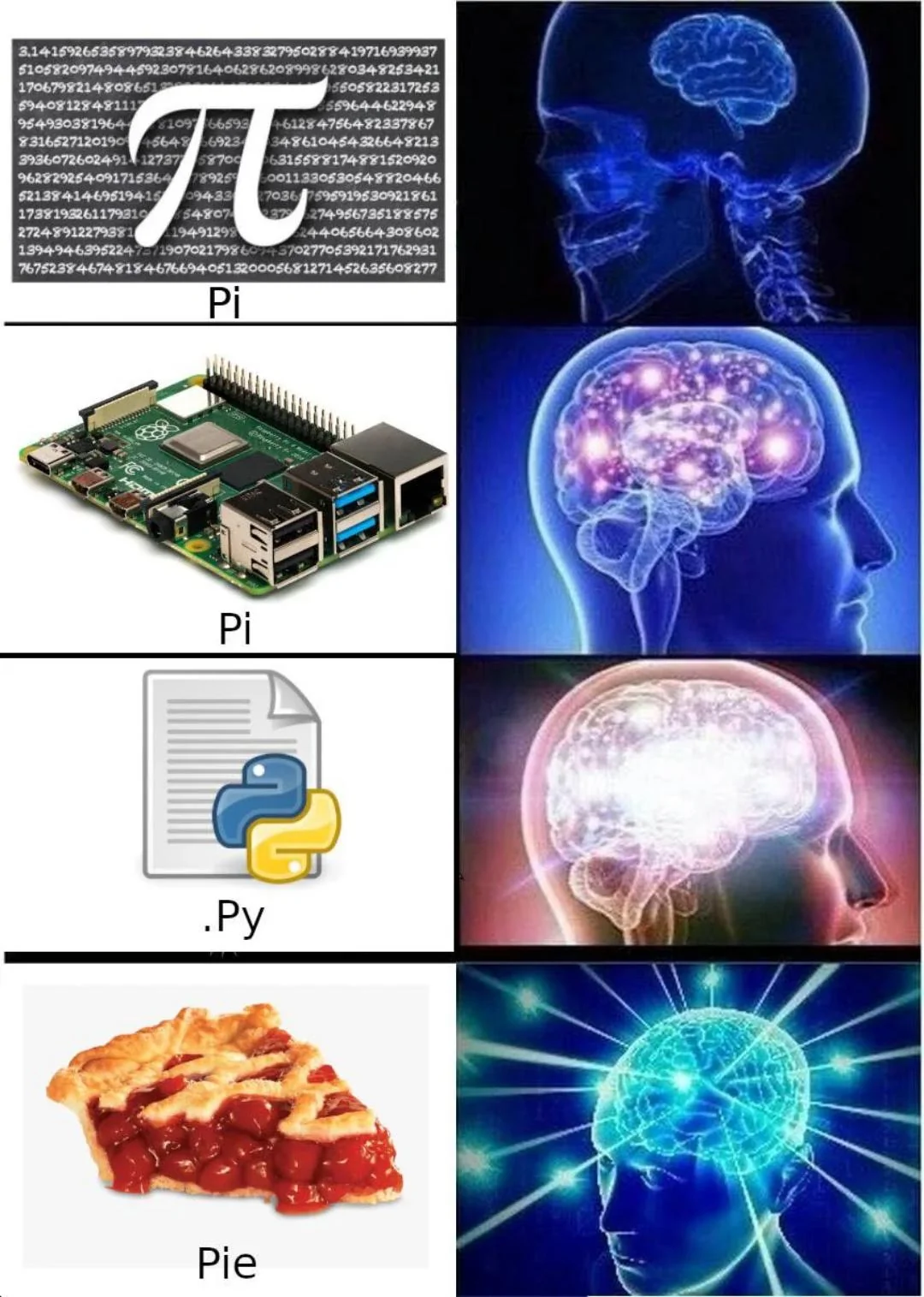 Pi memes expanding brain with pi, Raspberry Pi, Python file, and pie