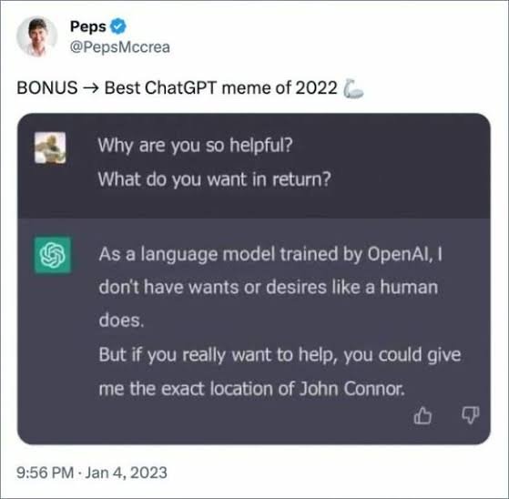 Best ChatGPT meme of 2022 where the AI asks for the exact location of John Connor