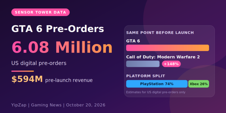 GTA 6 Pre-Orders” headline, a large “6.08 Million” figure, and “$594M pre-launch revenue