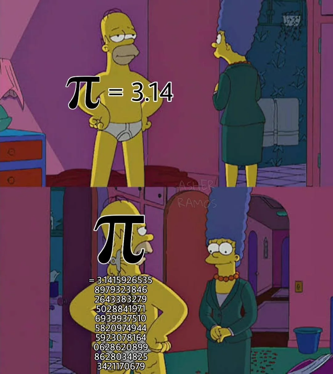 Pi memes Homer Simpson comparing short 3.14 pi with long pi digits