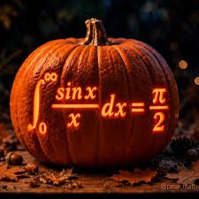 Halloween math meme pumpkin carved with the integral of sin x over x equals pi over 2