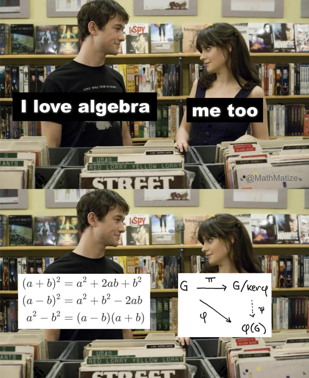 Funny algebra meme comparing basic squared formulas with an advanced group homomorphism diagram