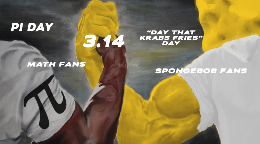 Pi day memes handshake between math fans and SpongeBob fans on 3.14