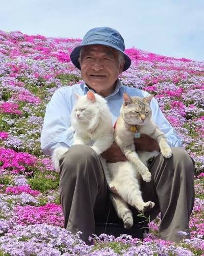 Grandpa in a blue hat holding two cats on a hillside of pink and purple flowers