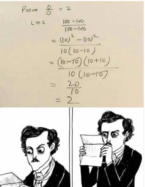 Zero memes: handwritten fake proof that 0/0 equals 2 with a shocked reader