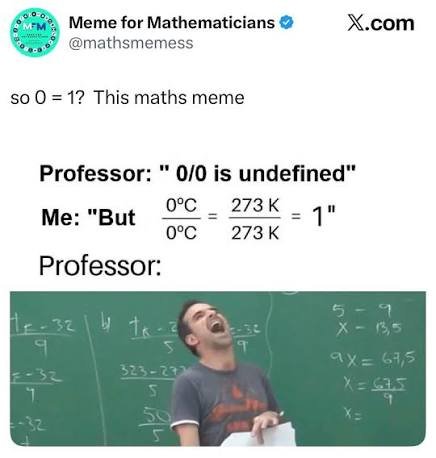 Zero memes: student claims 0 degrees Celsius divided by 0 degrees Celsius equals 1 using Kelvin