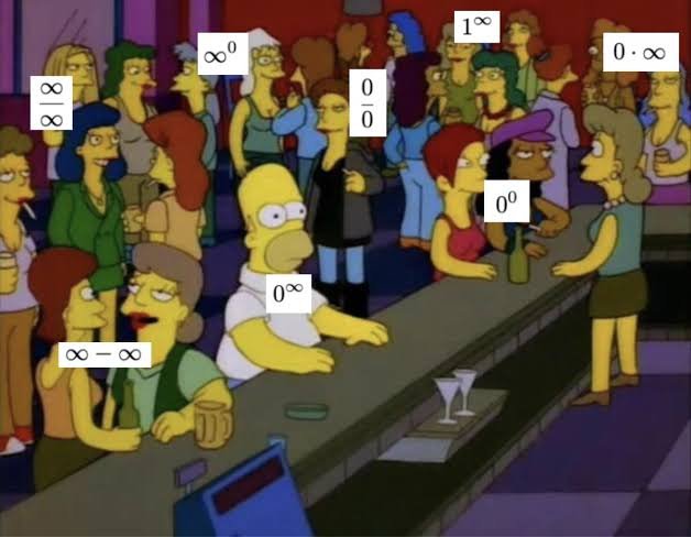 Zero memes: Simpsons bar scene with indeterminate forms like 0/0, infinity minus infinity and 1 to the infinity