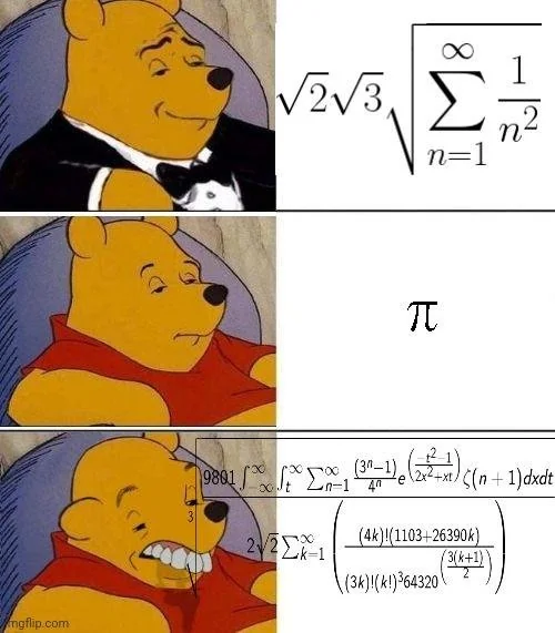 Pi memes fancy Winnie the Pooh with square root formula, pi symbol, and giant pi formula