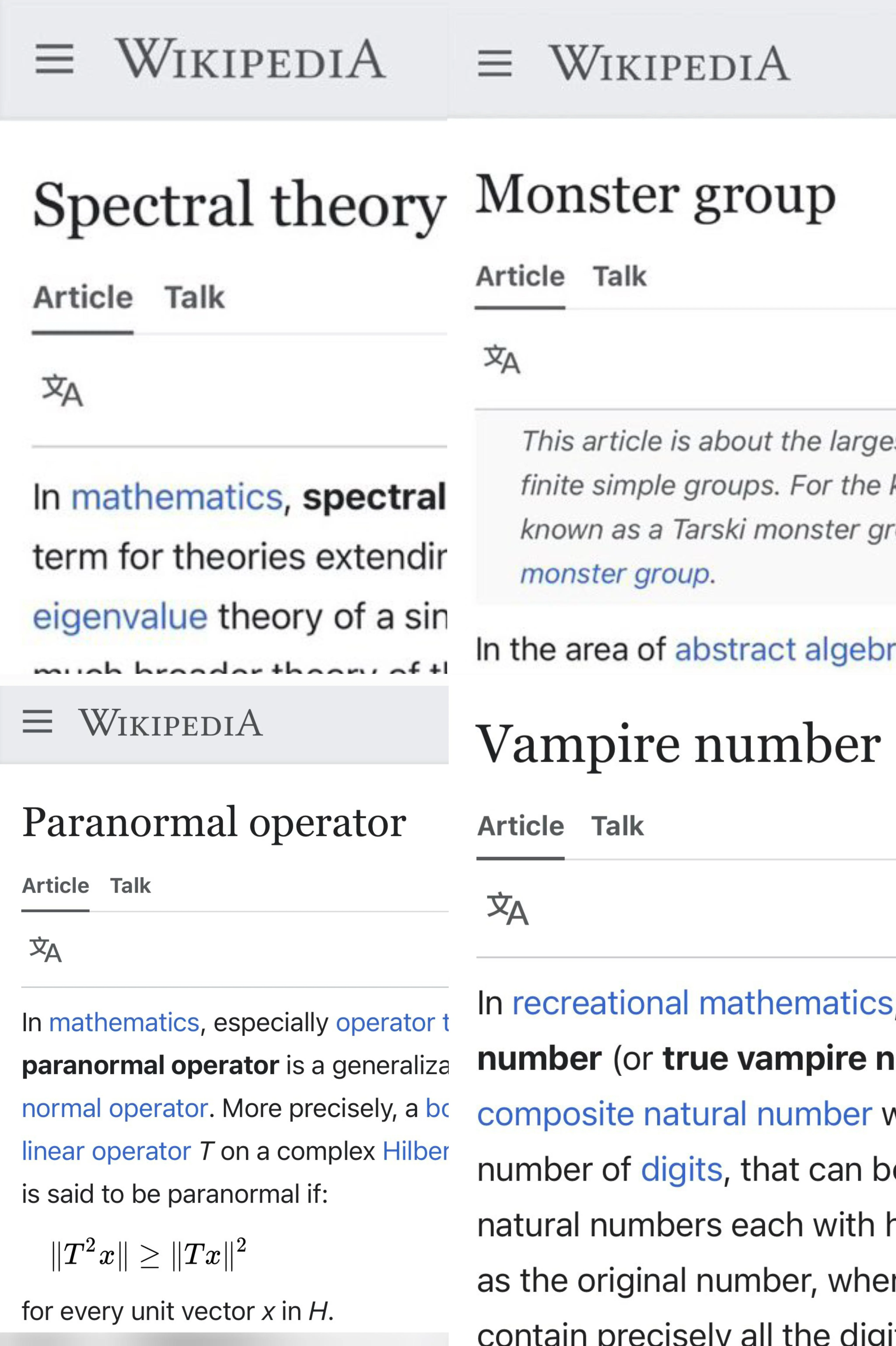 Wikipedia screenshots of spectral theory monster group paranormal operator and vampire number math Halloween meme
