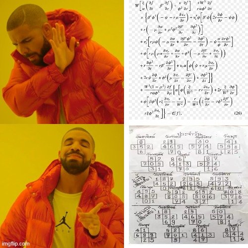 Drake meme rejecting a huge printed equation and approving handwritten number grids