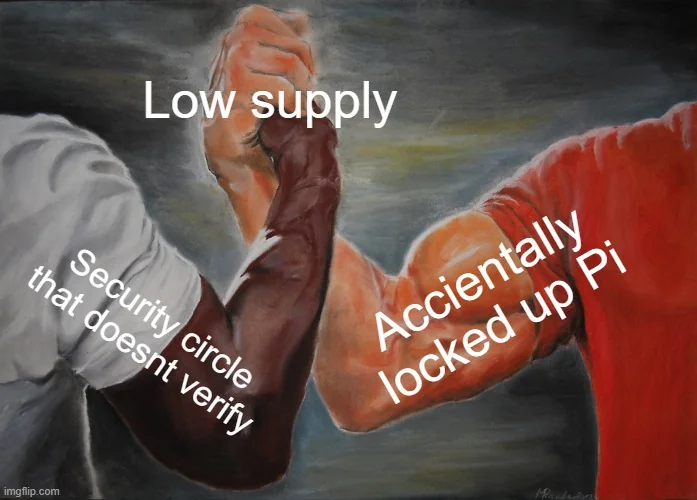 Pi memes handshake about low supply, security circle that does not verify, and locked up Pi coin