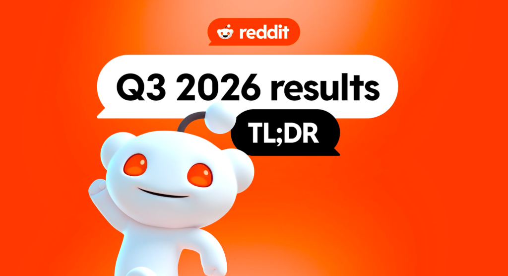 Reddit Q3 2026 earnings graphic with the Snoo mascot, showing a results summary after 53% revenue growth