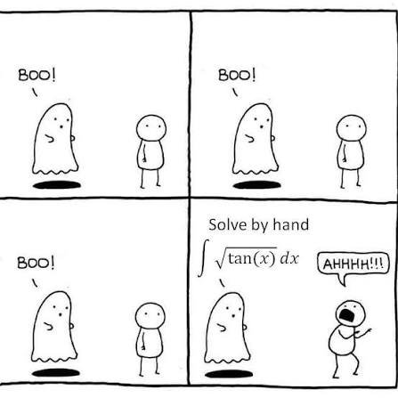 Ghost scares man by asking to solve integral of square root of tan x by hand meme