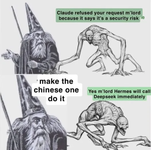 AI coding meme: Claude refuses a security risk request so the user calls DeepSeek instead