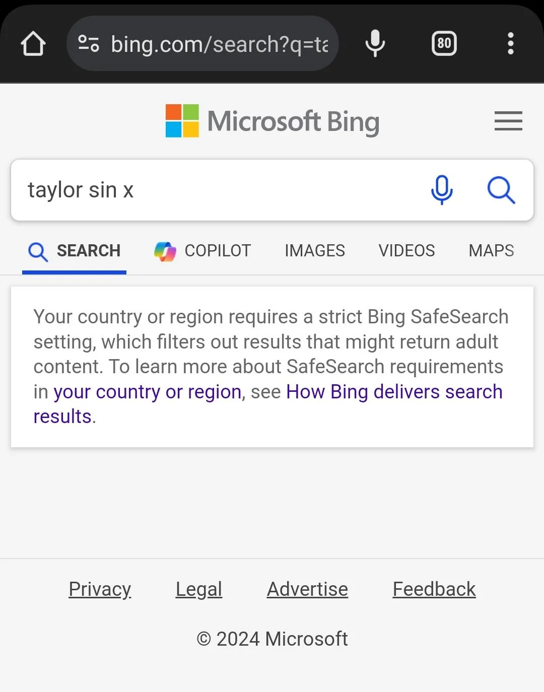 Search engine meme where taylor sin x triggers a strict SafeSearch warning