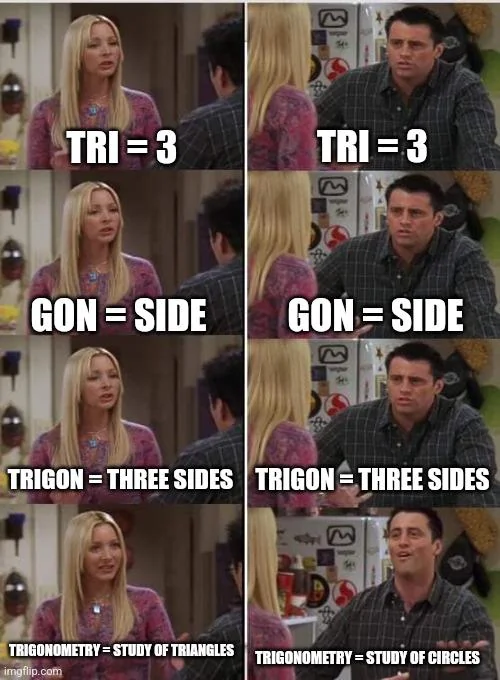 Friends meme: trigonometry is the study of triangles or circles