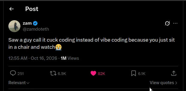 Vibe coding meme: viral post renames vibe coding because you just sit in a chair and watch